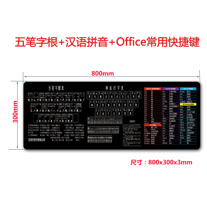 Office常用快捷键+五笔字根+汉语拼音组合鼠标垫 学习打字键盘图