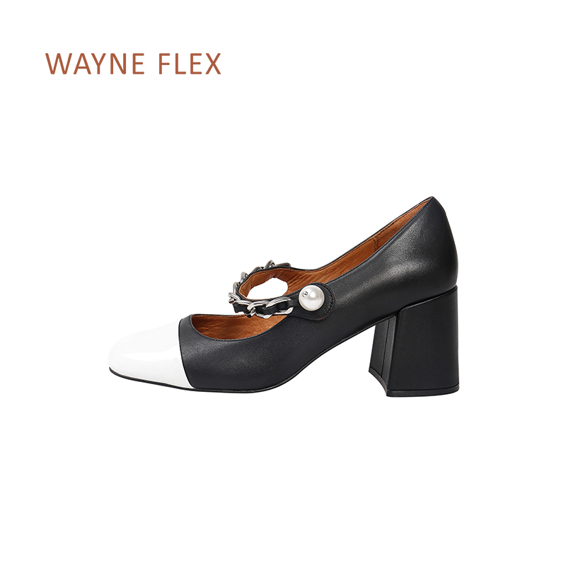 WAYNEFLEX复古玛丽珍新款粗跟小香风鞋法式高跟爆款真皮舒适时尚