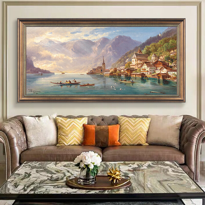 聚宝盆山水风景挂画欧式装饰画美式客厅沙发背景墙仿油画招财壁画