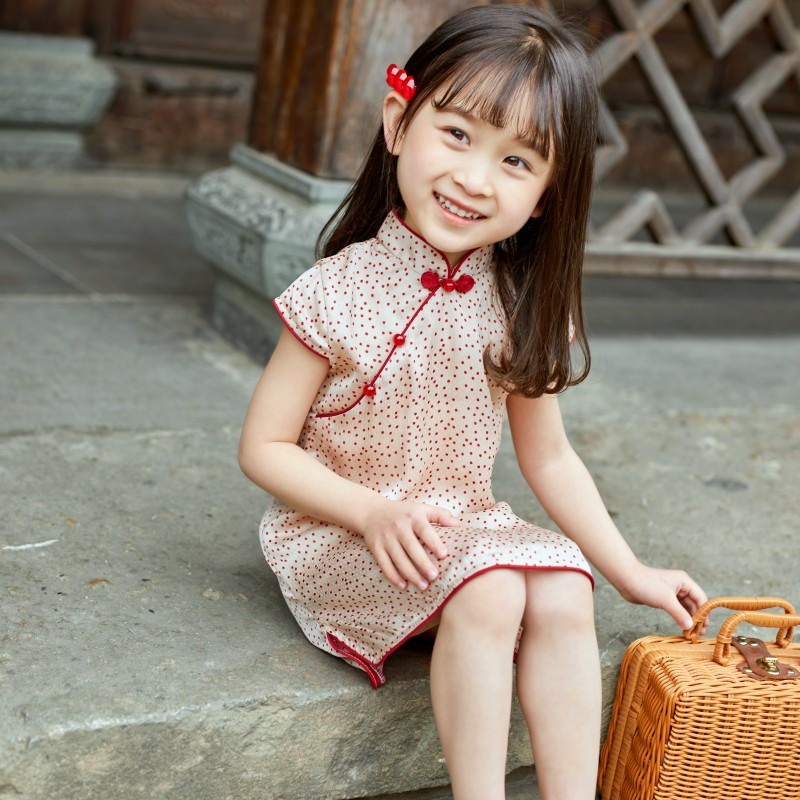 新款 儿童童装女童中国风连衣裙夏季宝宝小旗袍夏装纯色叙罗B类