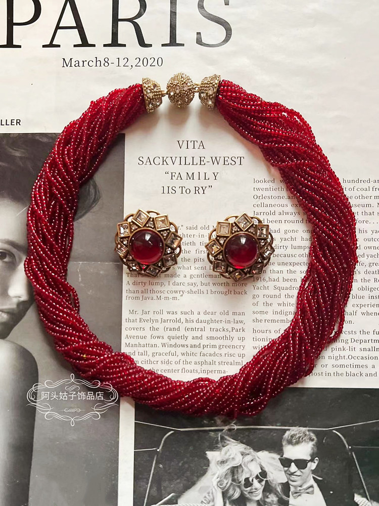 欧美宫廷风中古vintage复古气质红色串珠多层项链琉璃几何耳环女
