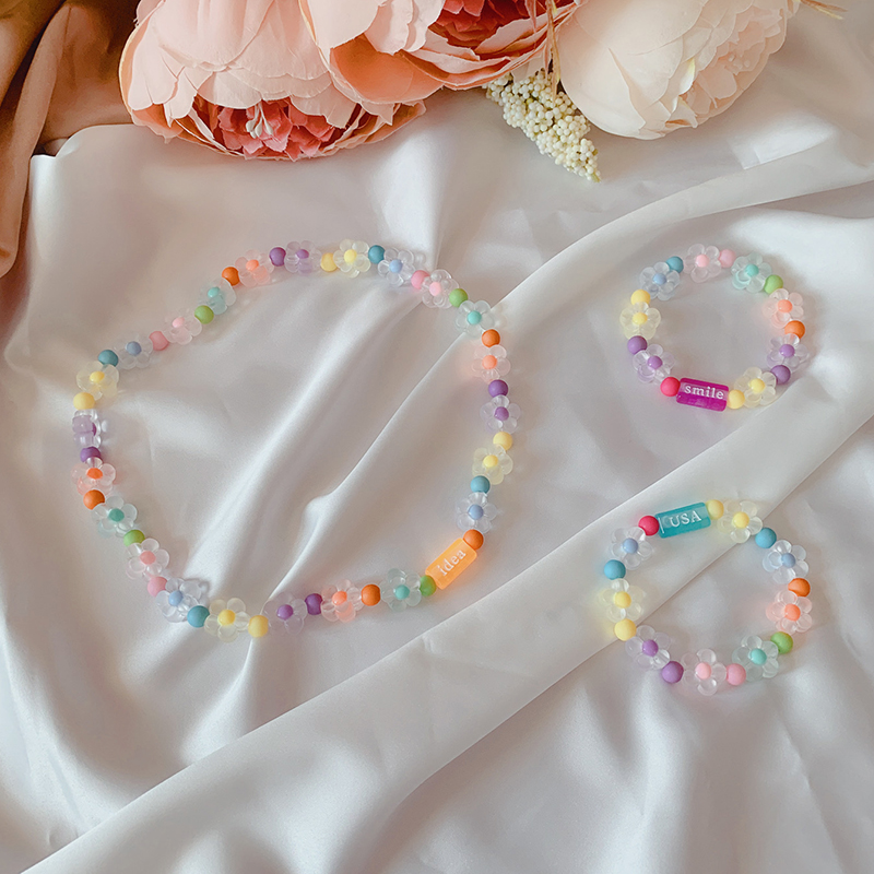 韩国泫雅风彩色小花串珠儿童手链项链套装童趣七彩花朵饰品ins风