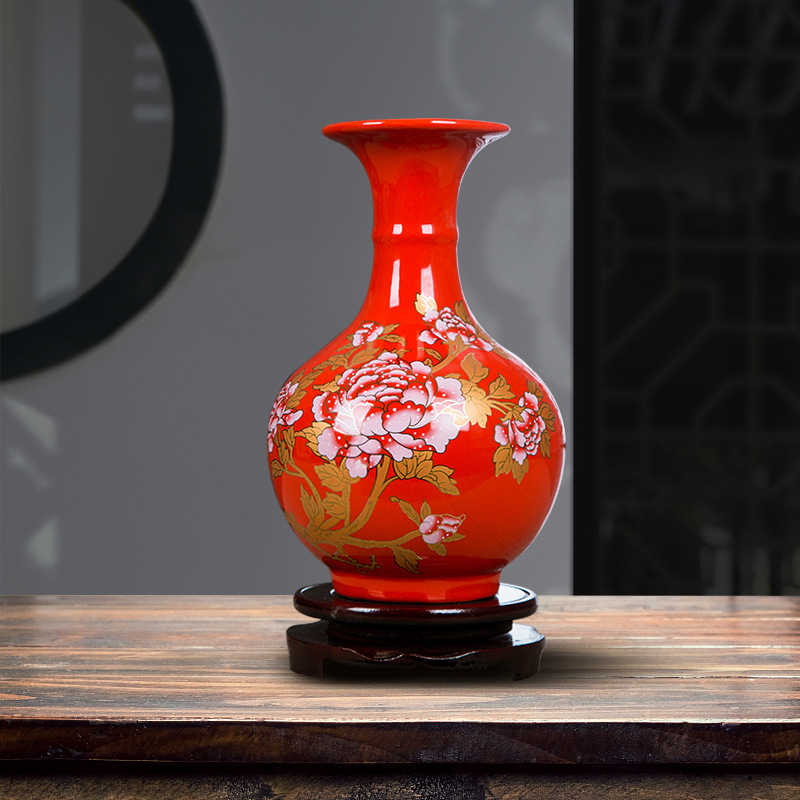 景德镇亿有家陶瓷器红色插花干花瓶家居工艺品酒柜客厅新房装饰品
