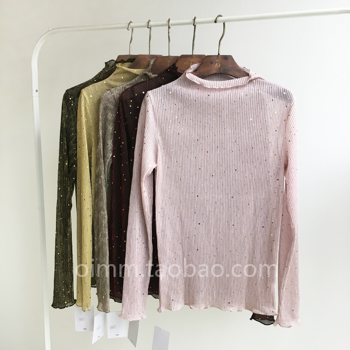 [第二件半价] HUMU正品T恤女韩版半透明半高领金丝亮片纱衣打底衫