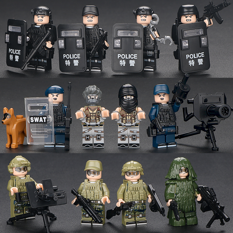 中国积木军事人仔士兵警察特种兵小人特警男孩子拼装益智儿童玩具