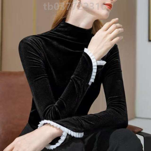 加绒高级时尚金丝绒洋气2023新款打底加厚黑色年感上衣秋冬女装衫