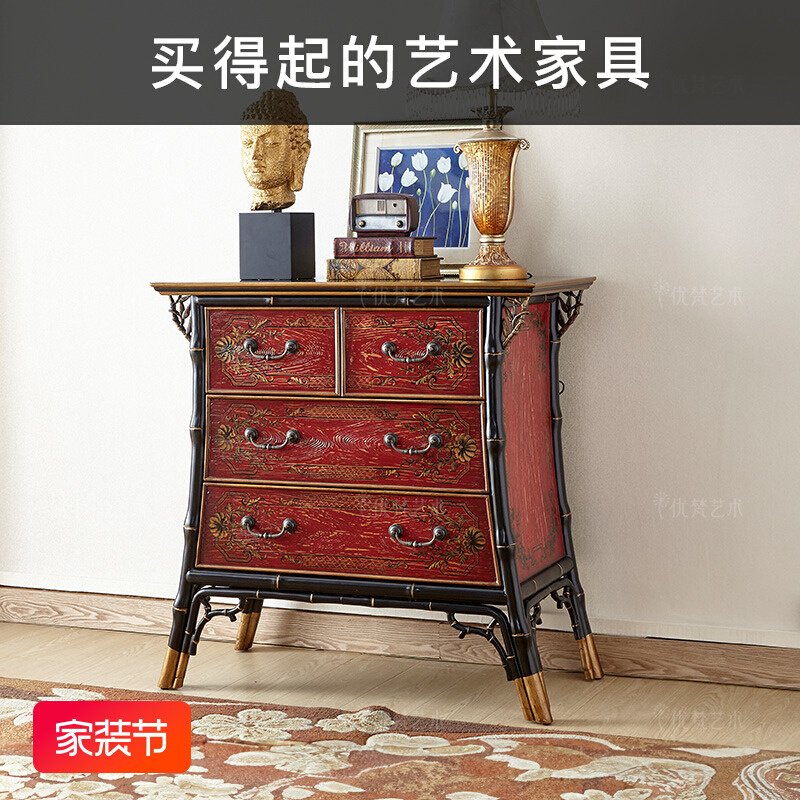 优梵艺术·手绘·美式中古四斗柜实木彩绘装饰柜玄关