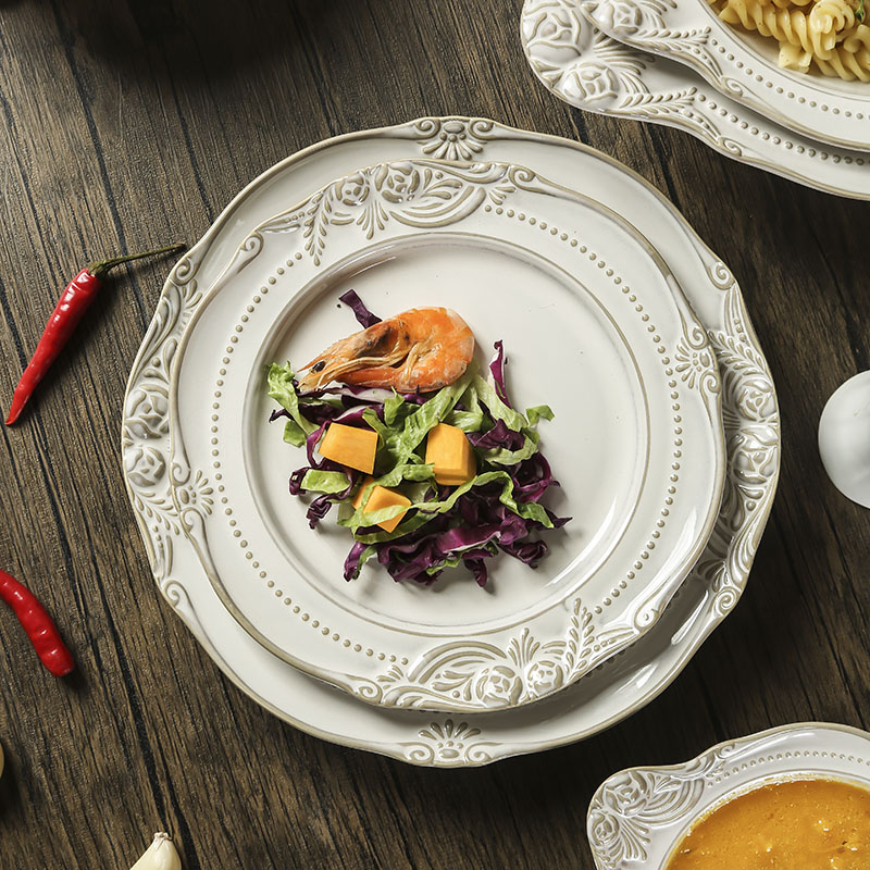 欧式浮雕盘子复古陶瓷餐盘饭碗家用餐具套装双耳沙拉碗西餐牛排盘