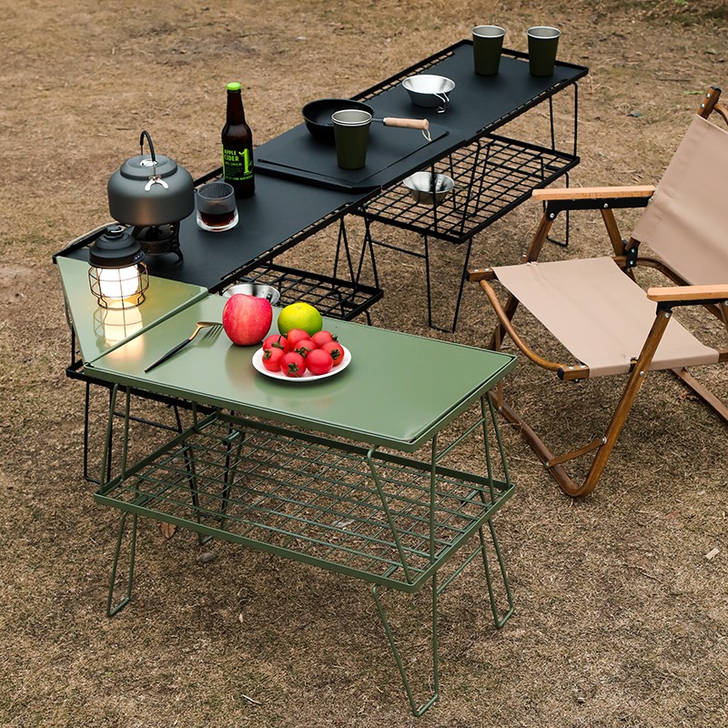 户外便携式折叠小桌子茶几网格长铁桌切菜板露营野餐烧烤用品装备