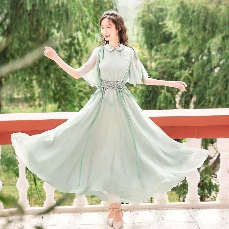连衣裙2023夏季新款女法式复古绿色仙气雪纺超仙甜美森系国风长裙