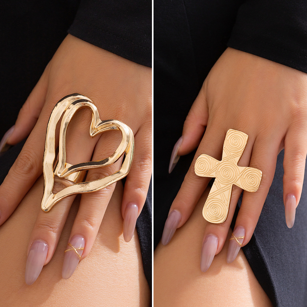 欧美跨境饰品 夸张甜酷风金属大爱心戒指 时尚花纹十字架个性指环
