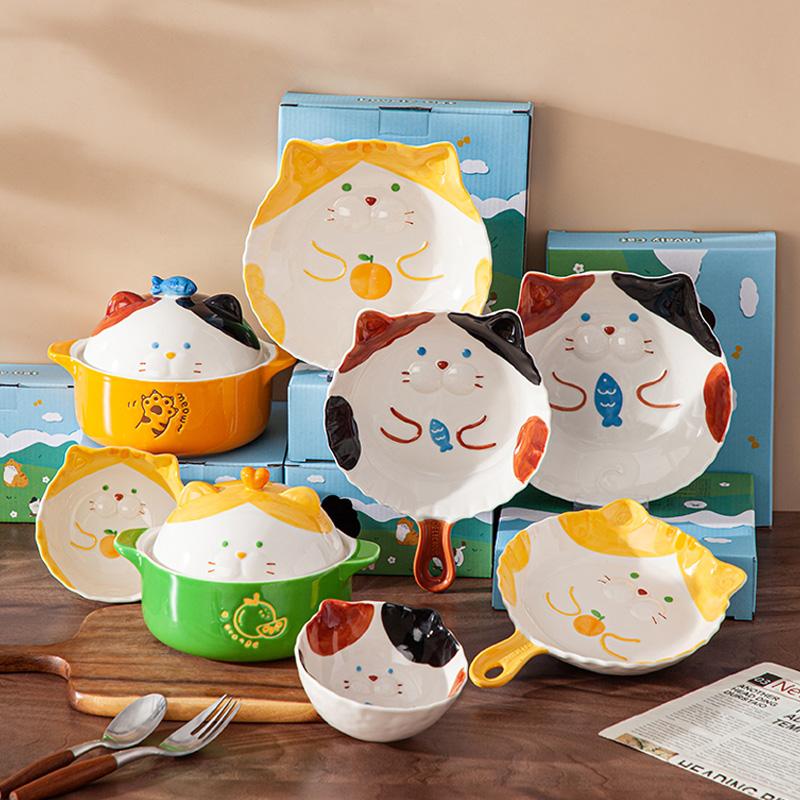 嘟嘟猫卡通可爱日式陶瓷釉下彩泡面碗沙拉碗手把碗盘子儿童餐具