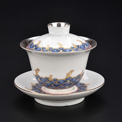 高档艾莹嘉 鎏银茶具套装功夫盖碗茶杯泡茶壶茶洗整套白瓷手绘茶
