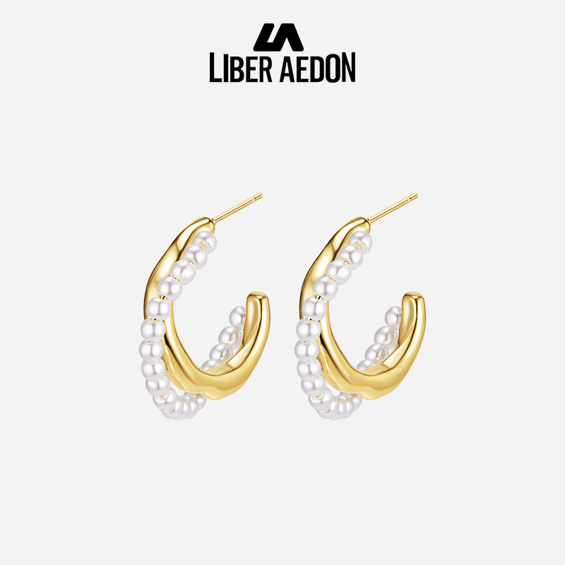 LA励柏艾顿欧美风耳环珍珠金属拼接C形耳钉时尚气质高级感耳饰