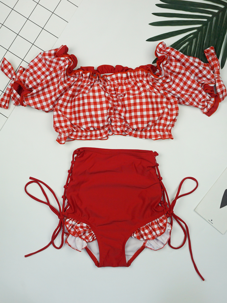 网红分体高腰显瘦遮肚小胸新款原创泳装可爱格子2020日系少女泳衣