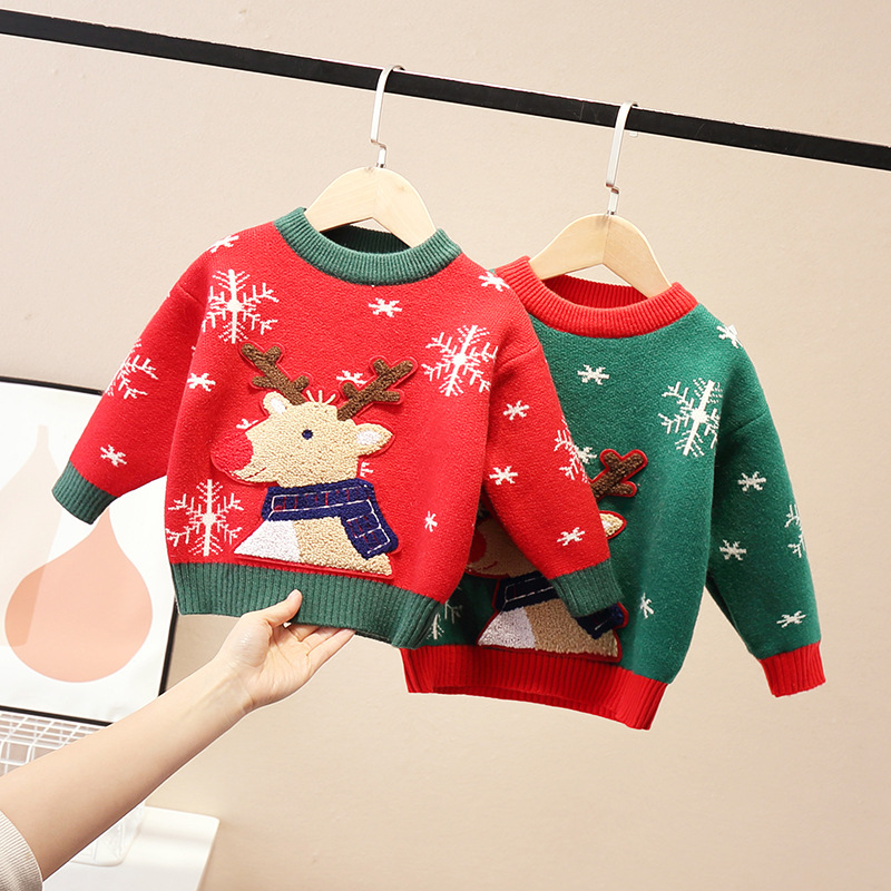 韩版儿童圣诞毛衣2023冬季新款小童装卡通过年男童女童女宝宝线衣