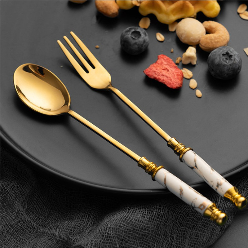 咖啡勺金色甜品勺不锈钢汤匙高级创意个性陶瓷长柄精致复古水果叉