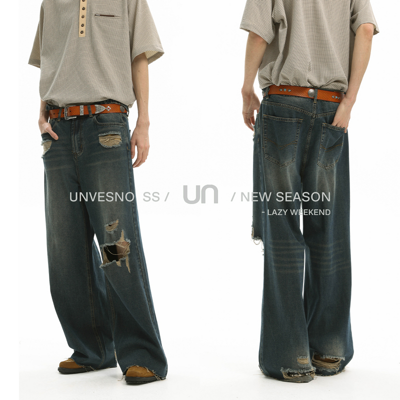 Unvesno(UN)New Vintage宽松破洞可调节丹宁牛仔裤
