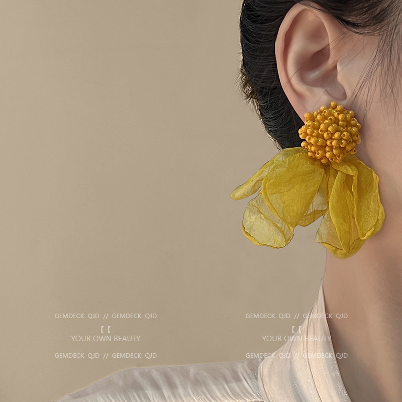 法式黄色雪纺花朵耳环复古超仙气质夸张度假风小众设计感耳饰耳夹