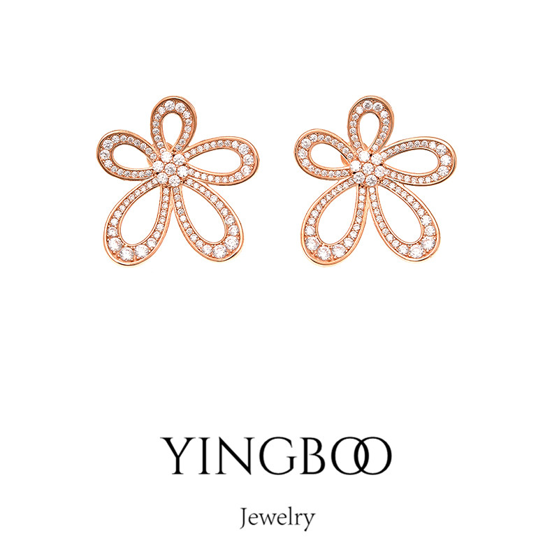 YINGBOO S925银 202130+姐姐同款花朵玫瑰金镶钻纯银耳钉耳环女