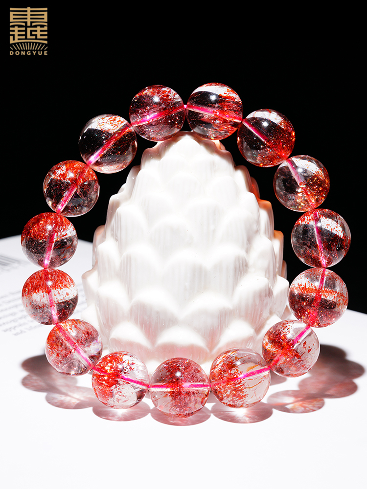 收藏级天然金草莓手链女款单圈超级七骨干云母片金草莓晶手串水晶