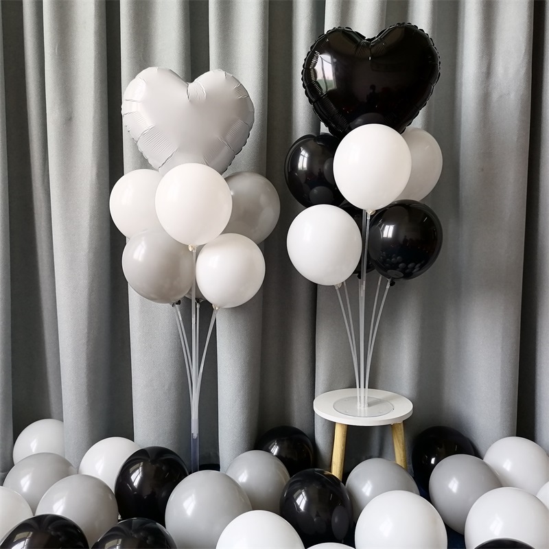 黑白灰色气球装饰爱心多高度球束桌面地面摆放一束七个球生日布置
