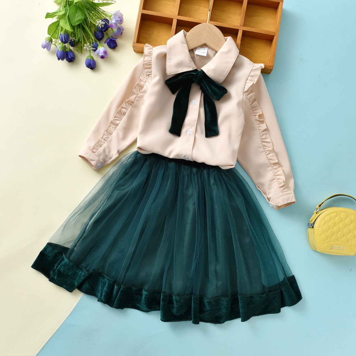 女童套装裙2022新款儿童韩版小香风衬衣纱裙两件套童裙童装