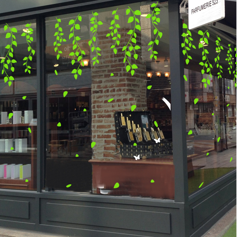春夏季绿色树叶枝条装饰商场服装店咖啡馆奶茶店橱窗玻璃门贴纸画