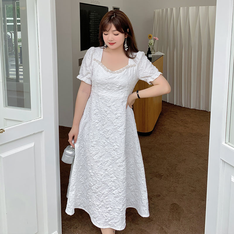 小香风连衣裙2023夏新款220斤胖mm大码法式方领高腰显瘦白色女裙