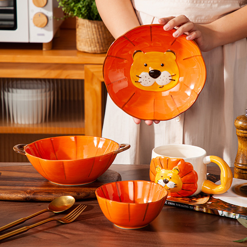 创意狮子卡通陶瓷饭碗釉下彩动物餐具套装可爱大力狮造型双耳碗