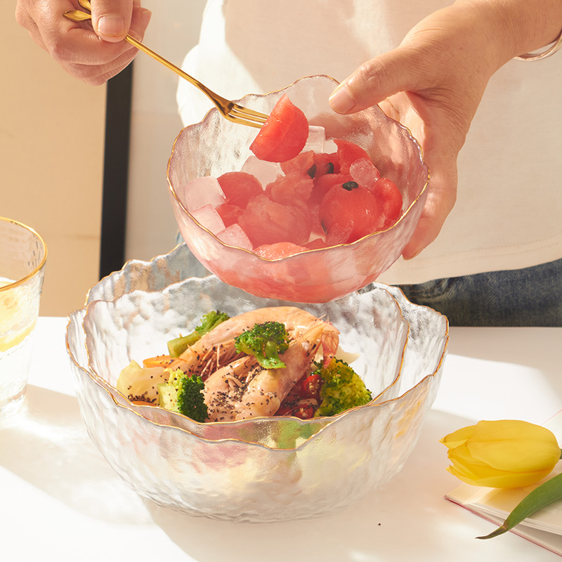 日式锤纹金边玻璃碗沙拉碗碟套装家用水果盘餐具创意甜品零食碗碟