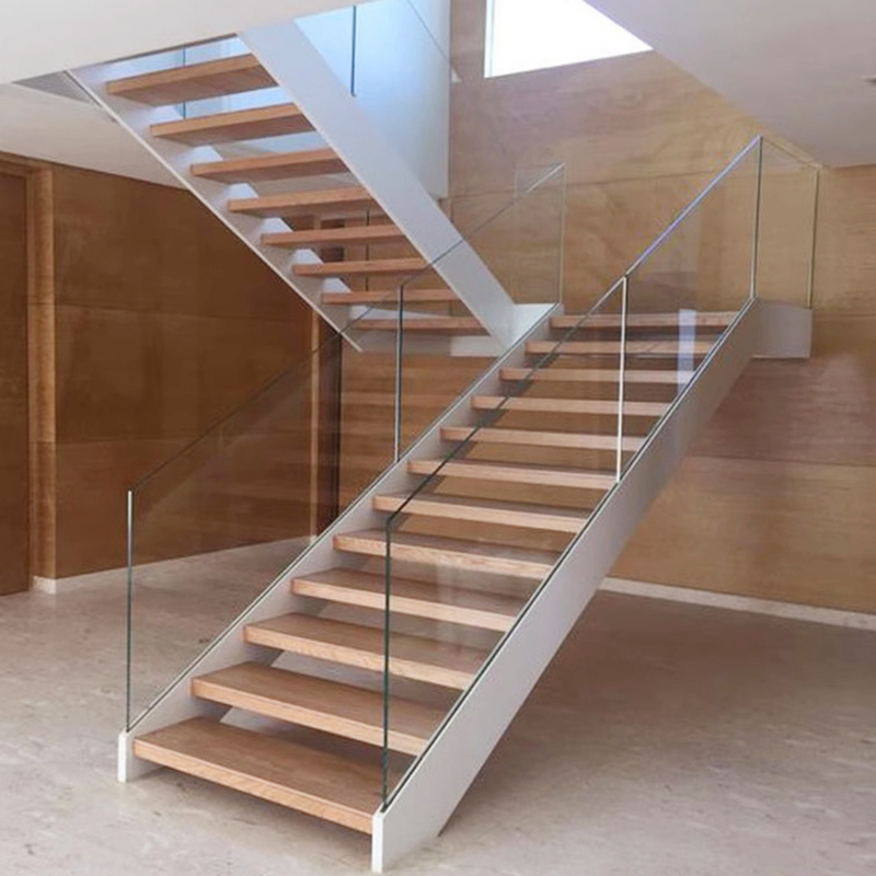 直钢木楼梯定做公寓门店极简复式楼阁楼双梁玻璃扶手实木踏步定制