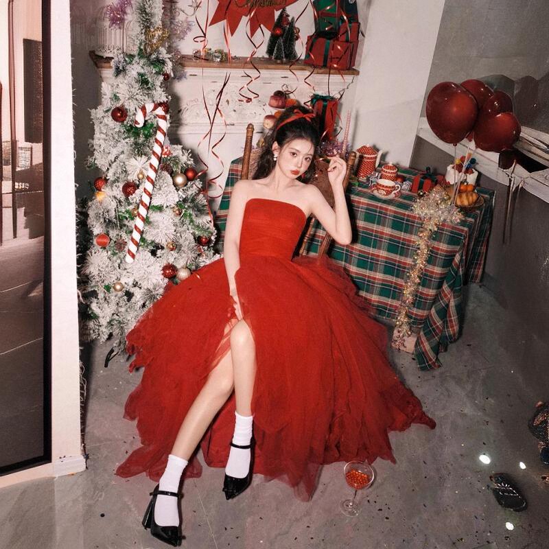 成人礼吊带婚纱复古圣诞高级感红色蛋糕裙少女18写真礼服派对服装