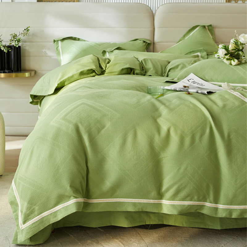 高级感华夫格100全棉四件套轻奢风绿色被套纯棉水洗棉床单1.8床品