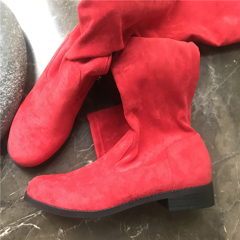 特价清仓圆头磨砂低跟冬季韩版绒面套筒长筒过膝平底纯色红色长靴