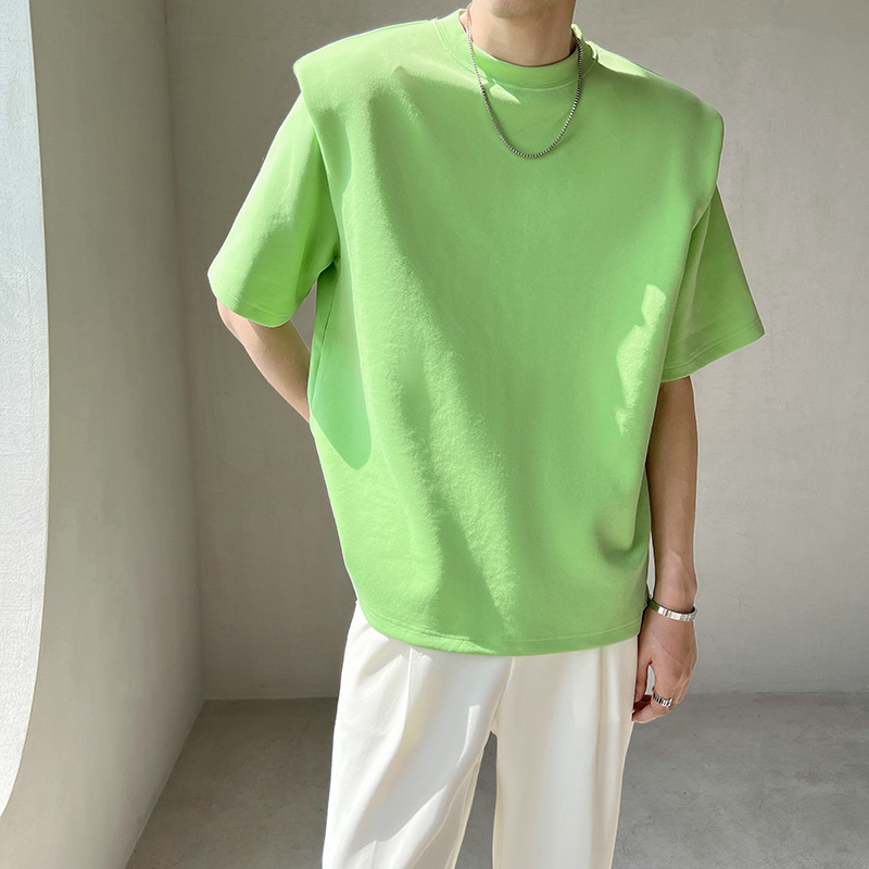 牛油果绿垫肩T恤男设计感小众韩版纯棉网红百搭高级感半袖打底衫