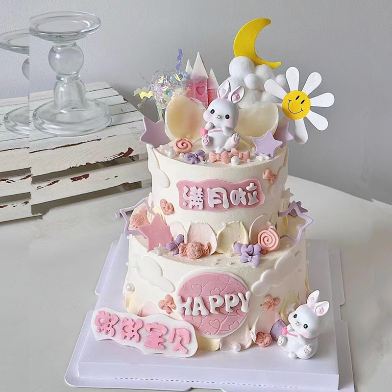 兔宝宝蛋糕装饰小兔子生肖兔摆件儿童满月百天周岁生日蛋糕装扮