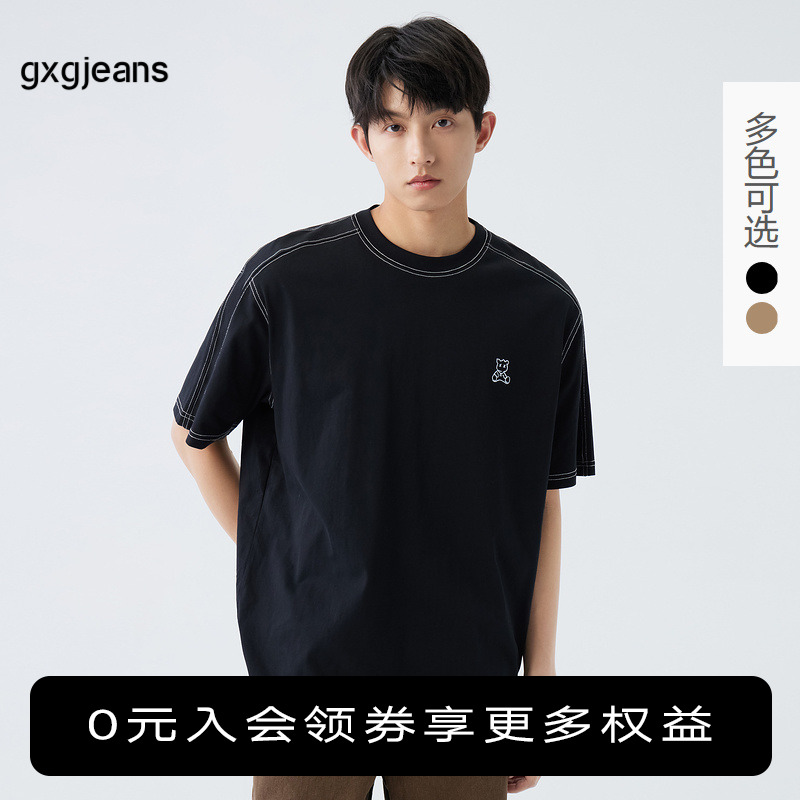 gxgjeans男装2024年夏季新款T恤男潮流明线小熊刺绣圆领短袖体恤