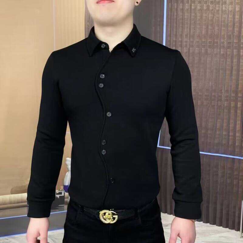 欧洲站威尼斯之夜黑色纽扣装饰长袖衬衫男士帅小伙青年修身上衣潮