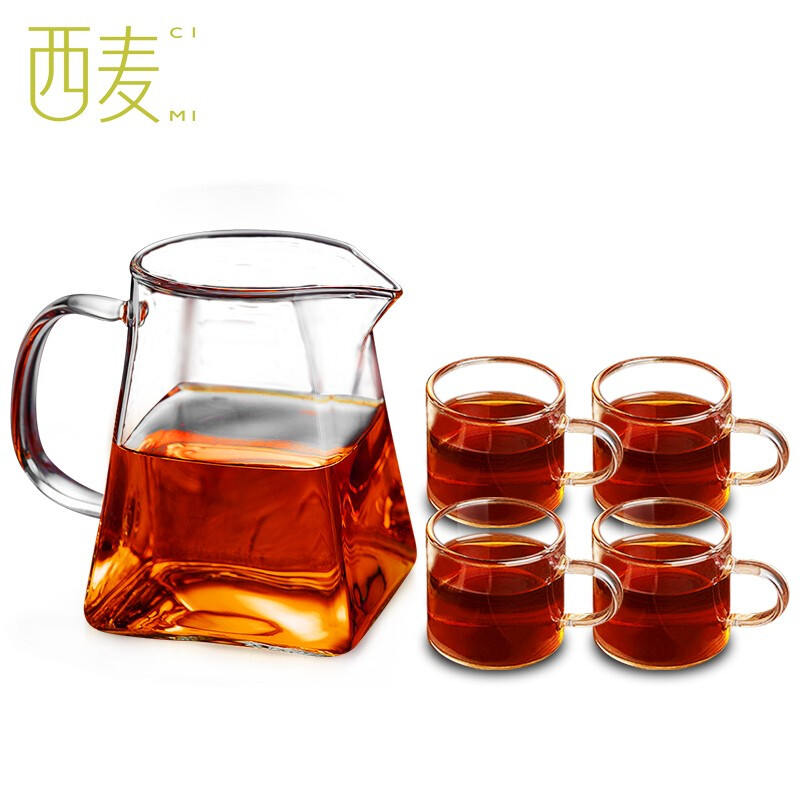 西麦茶杯玻璃杯水杯耐热茶杯加厚杯子套装家用带把泡茶杯公道杯
