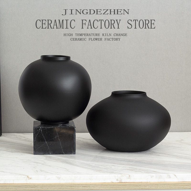 景德镇高级感黑色陶罐花瓶中式禅意陶瓷摆件客厅桌面干支插花花器