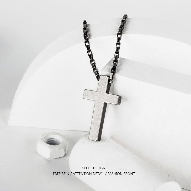 韩版BLIN信仰力量复古风十字架古银色男女钛钢项链吊坠情侣毛衣链
