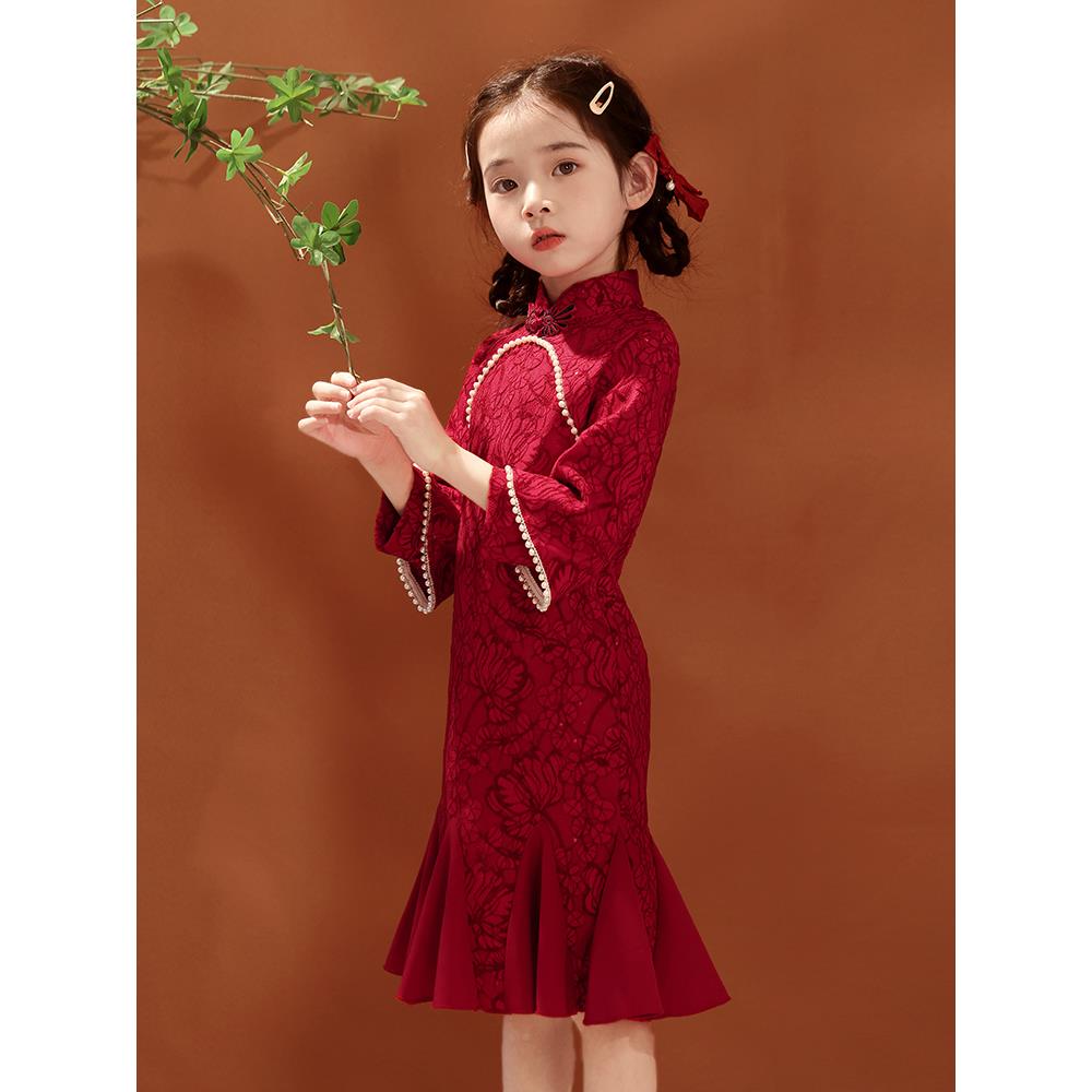 小女旗袍中国风女孩红色拜中式童礼服儿童2023新款秋SVF冬季新年