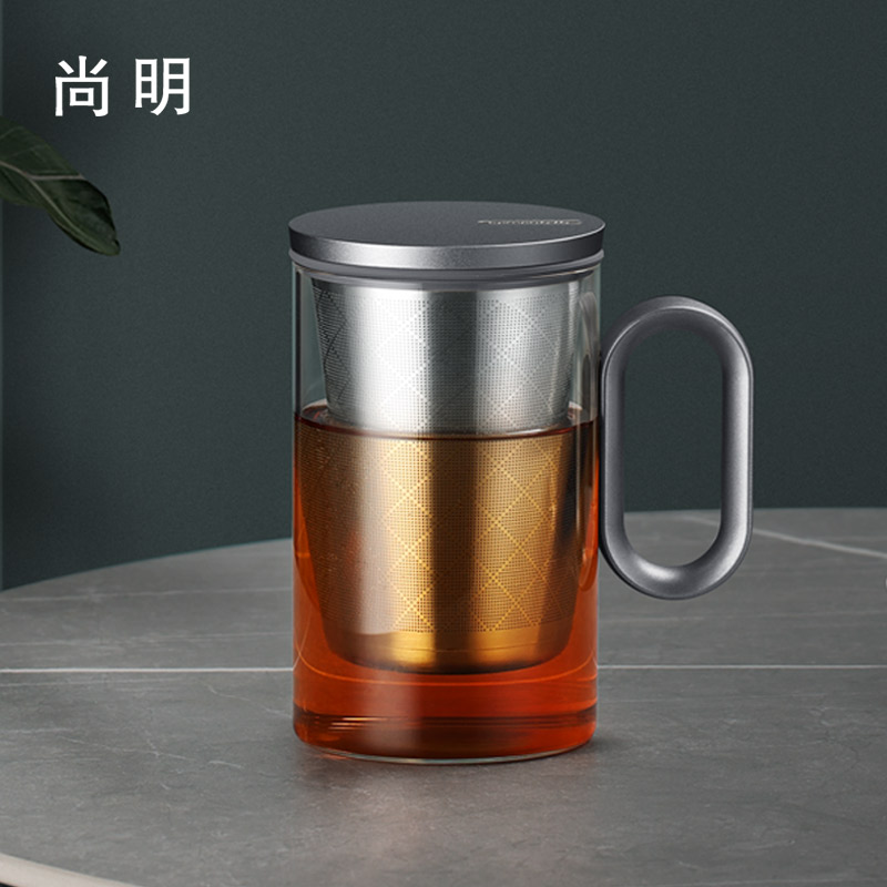 尚明玻璃泡茶杯茶水分离杯男办公室专用水杯大容量高档带盖个人杯