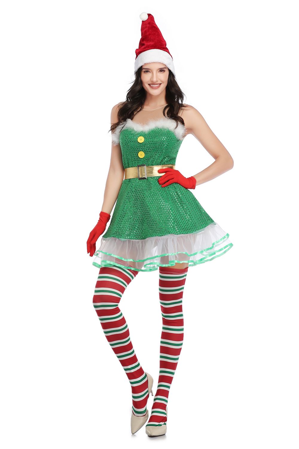 圣诞节cosplay服 平安夜绿色圣诞精灵蓬蓬无袖连衣裙 圣诞绿树装