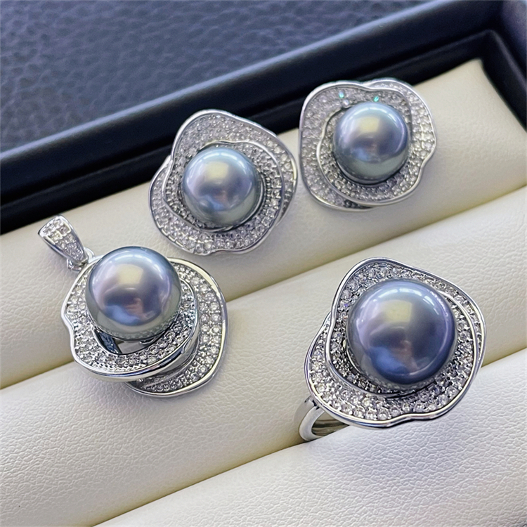 DIY珍珠配件 18K包金铜厚镀金吊坠S925银针耳钉戒指三件套半成品
