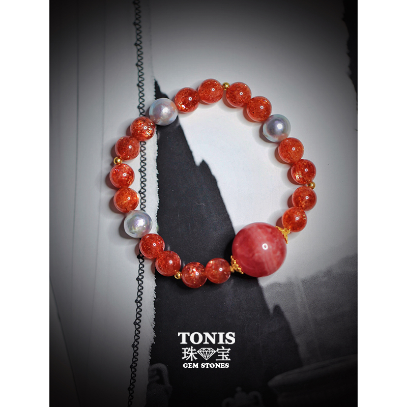TONIS九个太阳的传说！收藏级橙红色冰种金太阳骨干星光云母手链