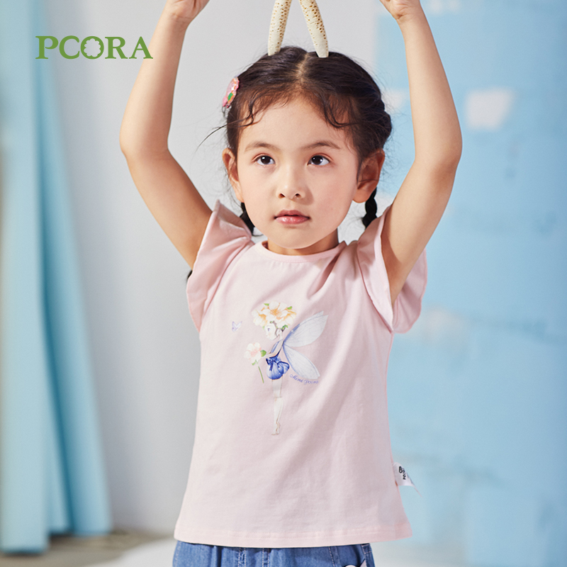 pcora巴柯拉女童夏装t恤粉色小飞袖卡通印花童装短款儿童修身上衣