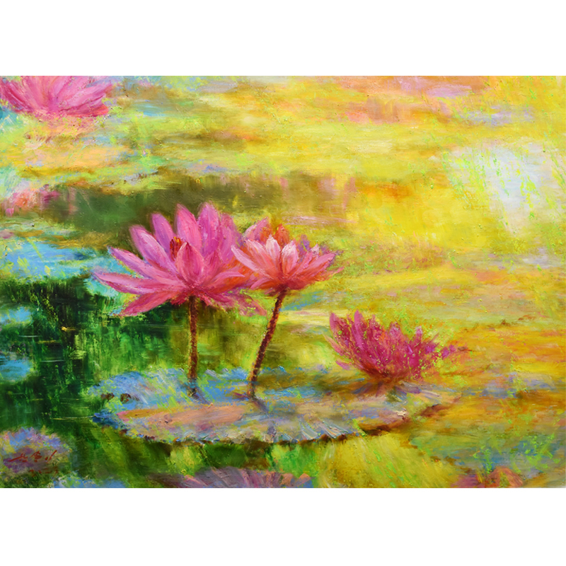 带合影朝鲜花卉油画手绘 宽1.2米 韩松伊 一级艺术家《荷花》yc63