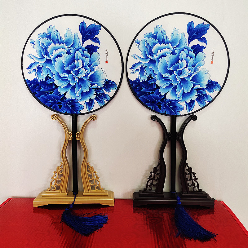 双面蓝青花瓷团扇20厘米长柄扇子花开富贵牡丹扇子舞蹈古风工艺扇